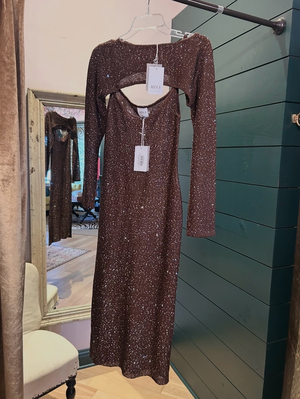 Misa Los Angeles Brown Sparkle Two Piece Midi Dress Set with Long Sleeves